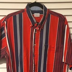 Vintage Red, Blue and White Striped Bugle Boy Button Down Short Sleeve Shirt